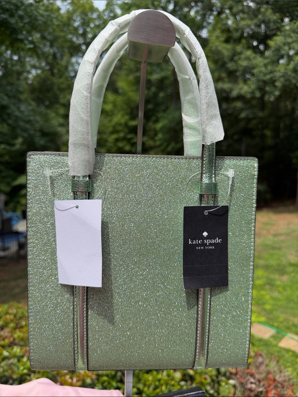 Kate Spade NWT Mini Tote Green Gold Glitter Bag, Wallet, Card Case Retail$580 - Picture 3 of 17